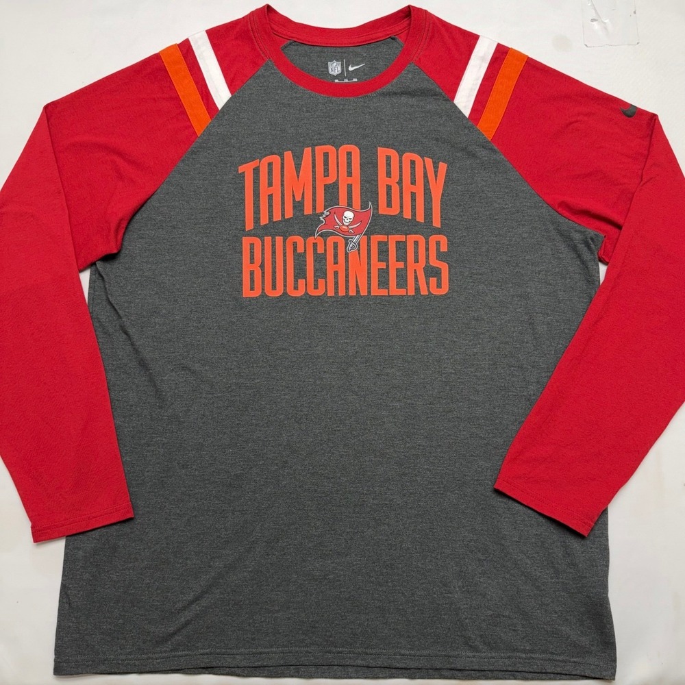 Nike Tampa Bay Buccaneers NFL Long Sleeve Raglan‎ Shirt Mens XXL Gray Red